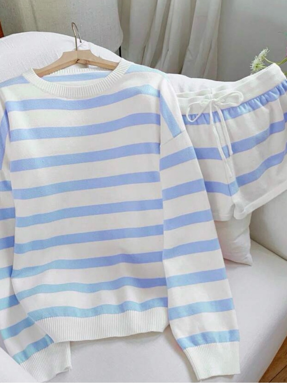 Women's White and Light Blue Striped Sweater Set